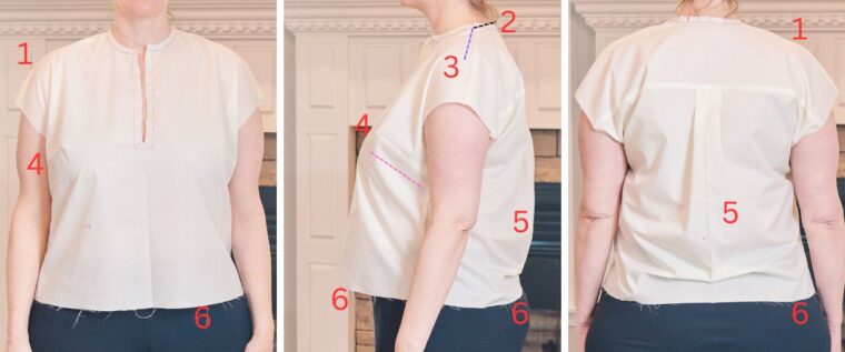 Three pictures of a woman wearing a muslin during the fitting process. The left picture is the front view, the middle picture is the side view, and the right picture is the back view. Numbers have been marked in red on the picture to indicate areas that need to be adjusted.