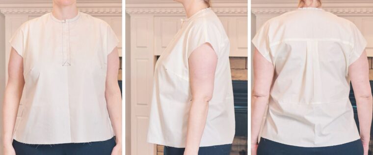Three pictures of a woman wearing a muslin during the fitting process. The left picture is the front view, the middle picture is the side view, and the right picture is the back view.
