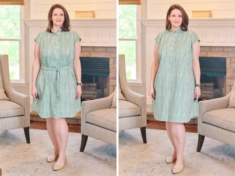 Side by side photos of a woman. She is wearing the same dress in both photos but in the photo on the left the dress is belted. In the photo on the right the dress is not belted.
