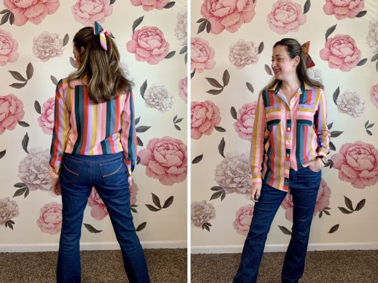Back and front view of a woman wearing a button-down shirt and jeans.