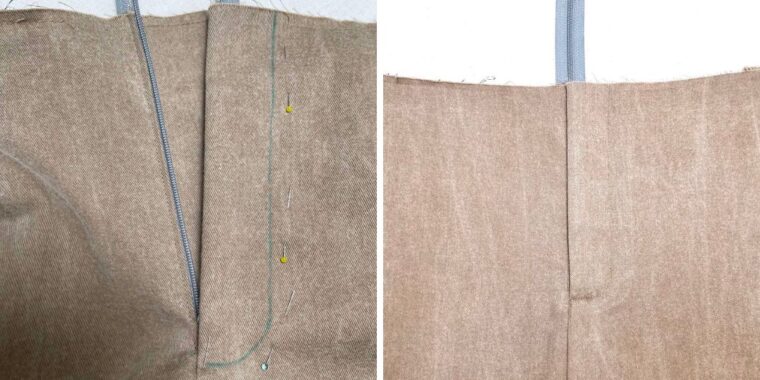 Side by side pictures with a marked stitching line on a fly front on the left and a completed zipper on the right