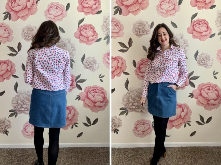 Back and front view of a woman wearing a button-down shirt and denim skirt.