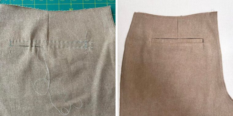 Side by side pictures with a thread traced welt pocket on the left and a completed welt pocket on the right.