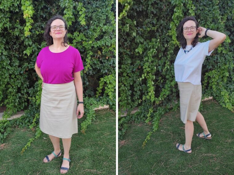 Two pictures side by side. On the left is a woman in a pink t-shirt and khaki skirt. On the right is the same woman in a white t-shirt and khaki skirt.