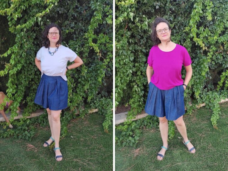 Two pictures side by side. On the left is a woman in a white t-shirt and chambray shorts. On the right is the same woman in a pink t-shirt and chambray shorts.