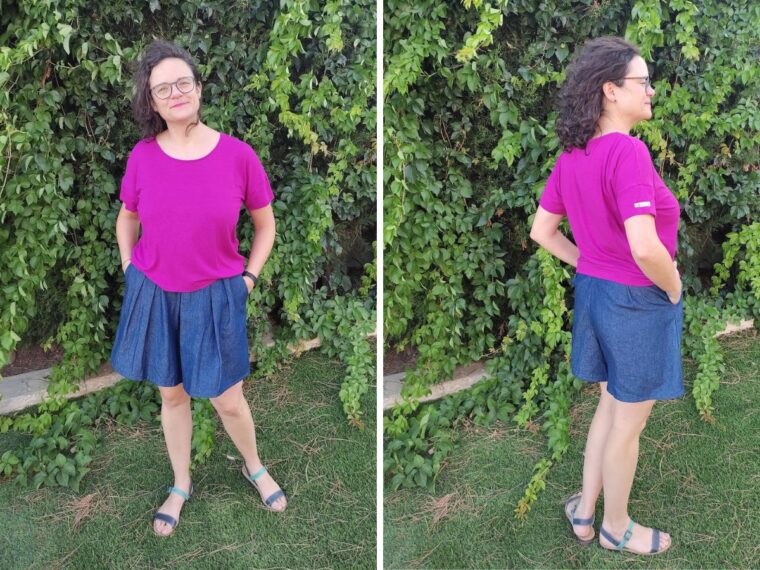 Two pictures side by side. On the left is a woman in a pink t-shirt and chambray shorts. On the right is the back view of the same woman.