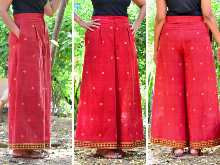 Three pics side by side of the side, front, and back view of red palazzo pants.