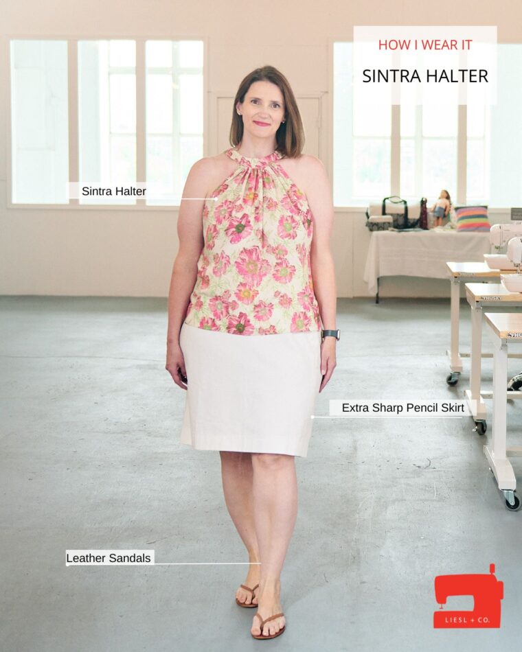 Woman wearing floral print halter top and a white pencil skirt. Text is on top of the image to indicate the name of the sewing patterns used to sew the outfit.