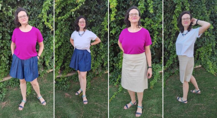 Woman in a summer wardrobe capsule with two different t-shirts and two different bottoms.