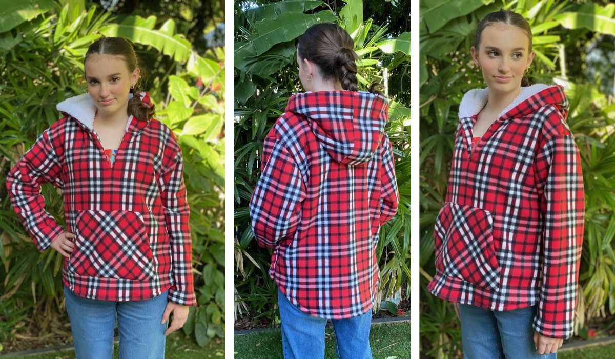 front, back, and side views of a teen girl wearing a red, white and black plaid pullover top with a v-neck, a hood and a kangaroo pocket.