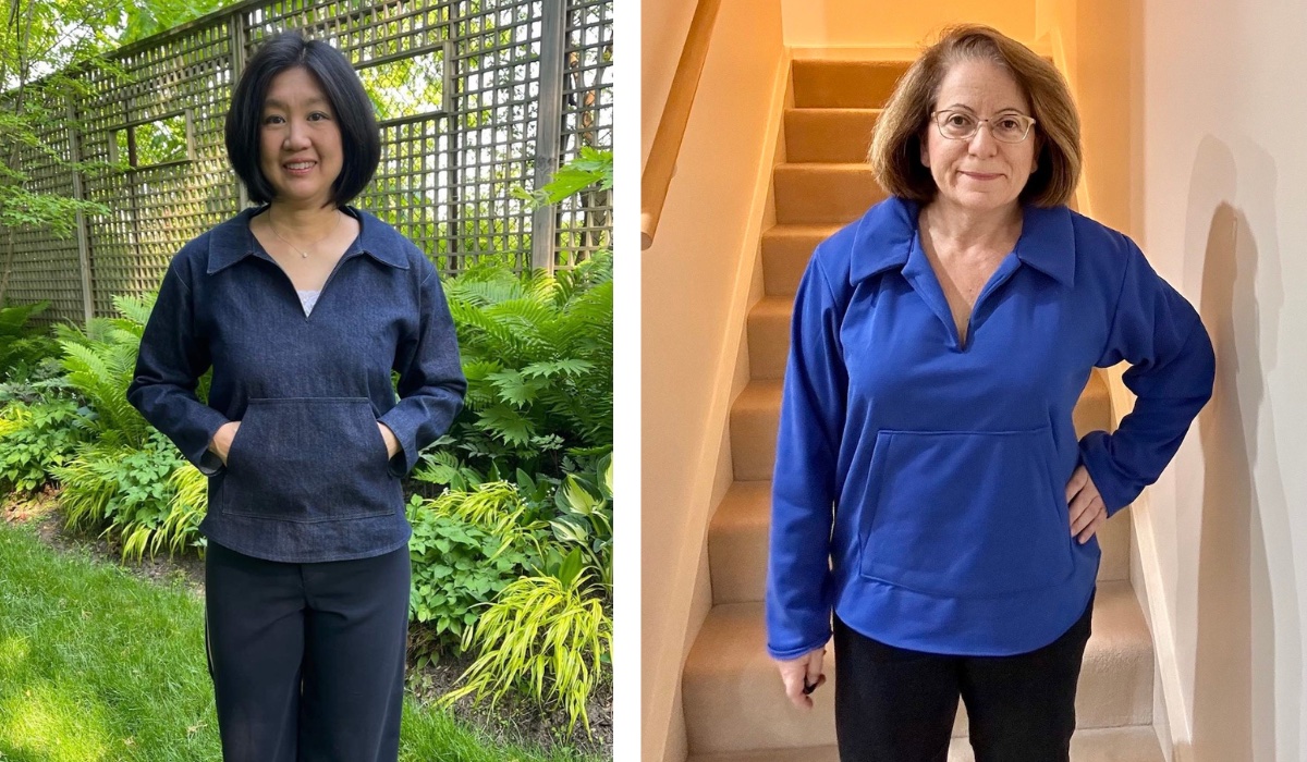 On the left, anAsian woman wears a denim v-neck pullover with a collar and kangaroo pocket. On the right a white woman wears the same pullover but in an electric blue knit.