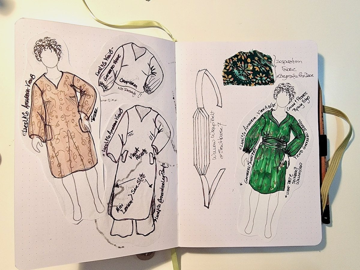 vision board line drawings of long sleeve dress and styling options