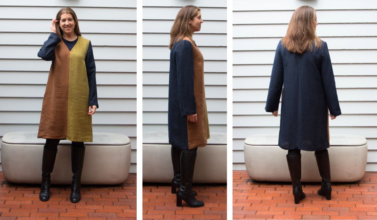 front, side and back views of a woman wearing an olive, black and brown color-blocked, long-sleeve, v-neck dress
