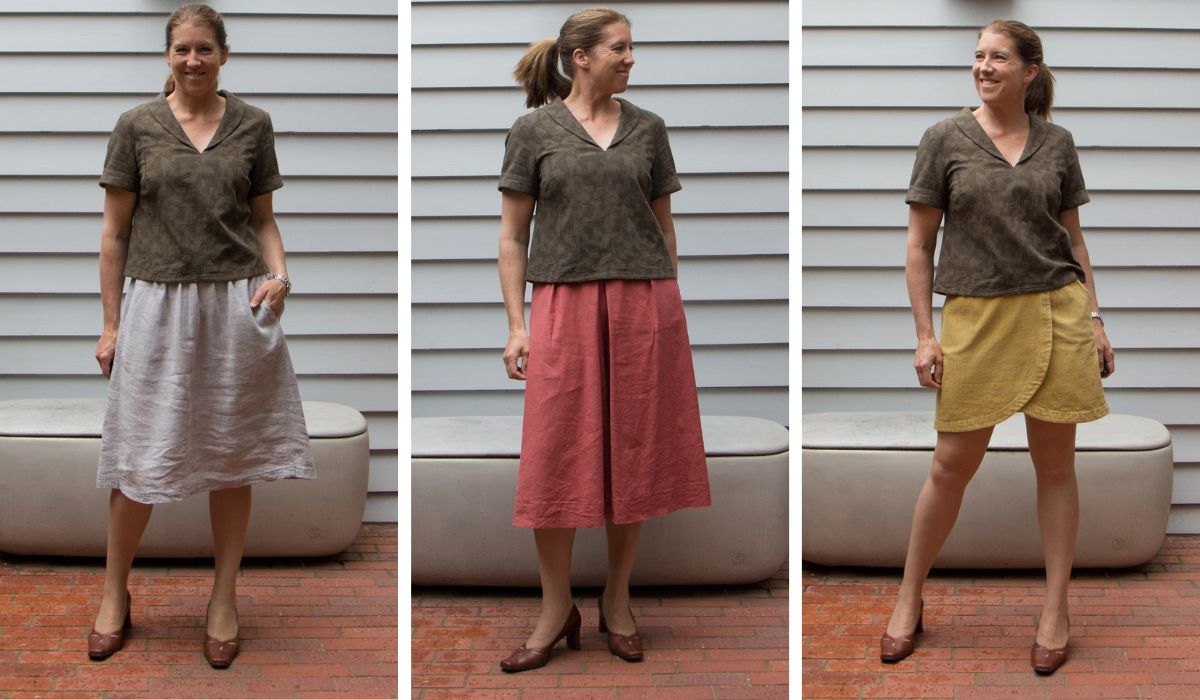 Woman wearing short-sleeved, shawl collar linen shirt with off-white skirt, salmon coulottes, and a yellow skirt.