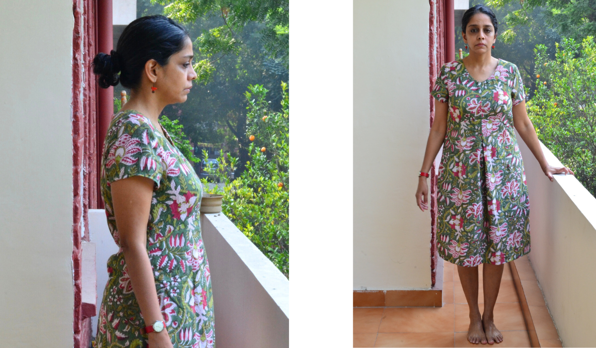 side view of woman wearing short-sleeved floral dress and front view 