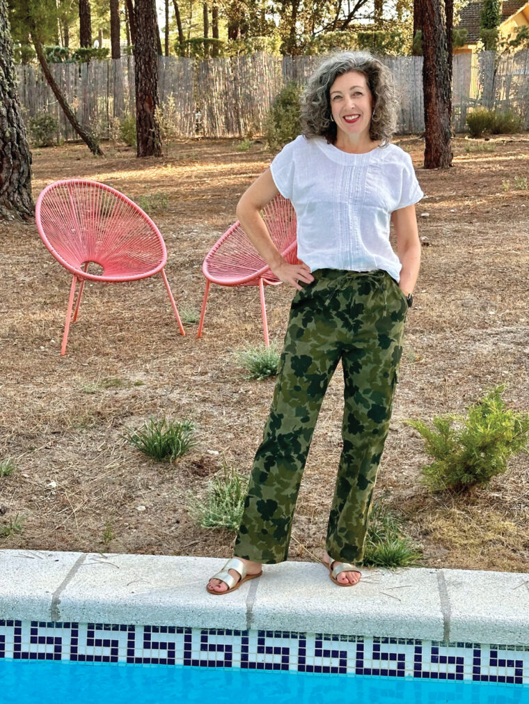 Camo trousers made with the Liesl + Co Montauk Trousers sewing pattern