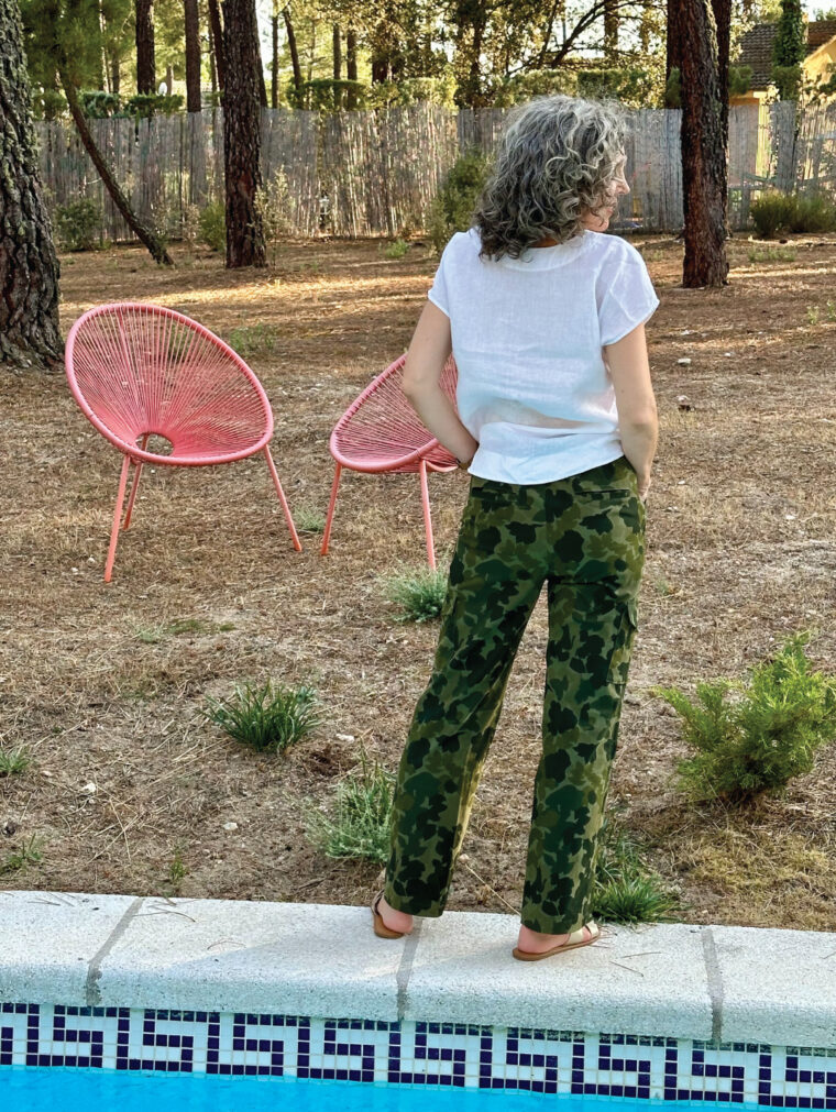 Camo trousers made with the Liesl + Co Montauk Trousers sewing pattern