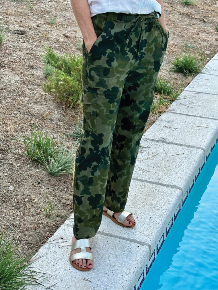 Camo trousers made with the Liesl + Co Montauk Trousers sewing pattern