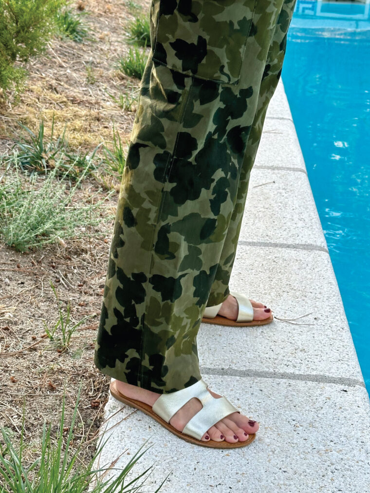 Camo trousers made with the Liesl + Co Montauk Trousers sewing pattern