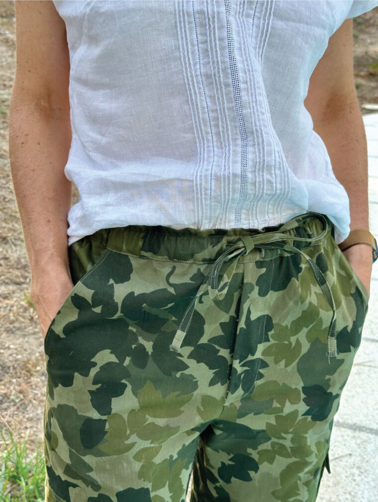 Camo trousers made with the Liesl + Co Montauk Trousers sewing pattern