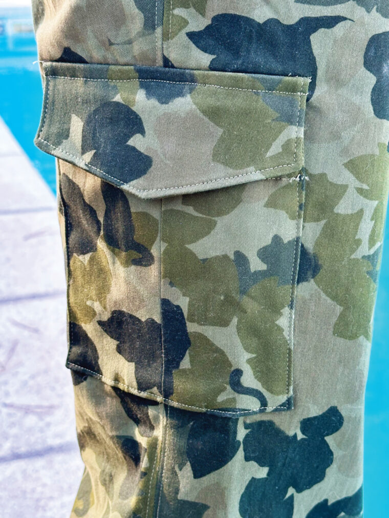 Camo trousers made with the Liesl + Co Montauk Trousers sewing pattern