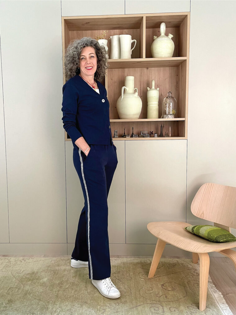 Liesl's coordinating Melville Cardigan and Montauk Trousers in a knit fabric