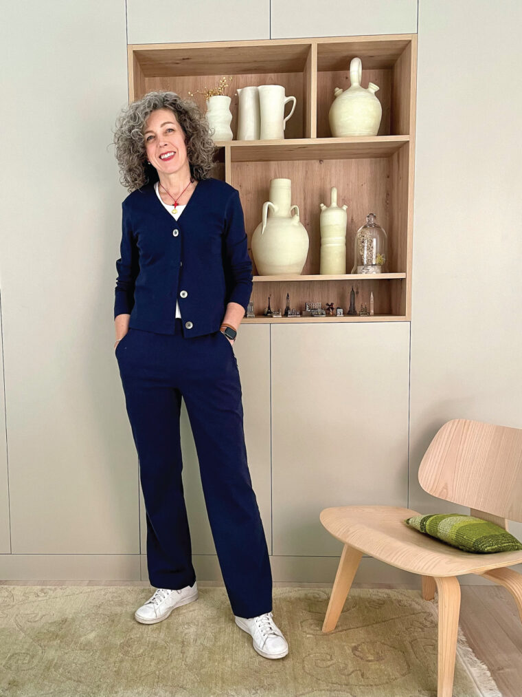 Liesl's coordinating Melville Cardigan and Montauk Trousers in a knit fabric