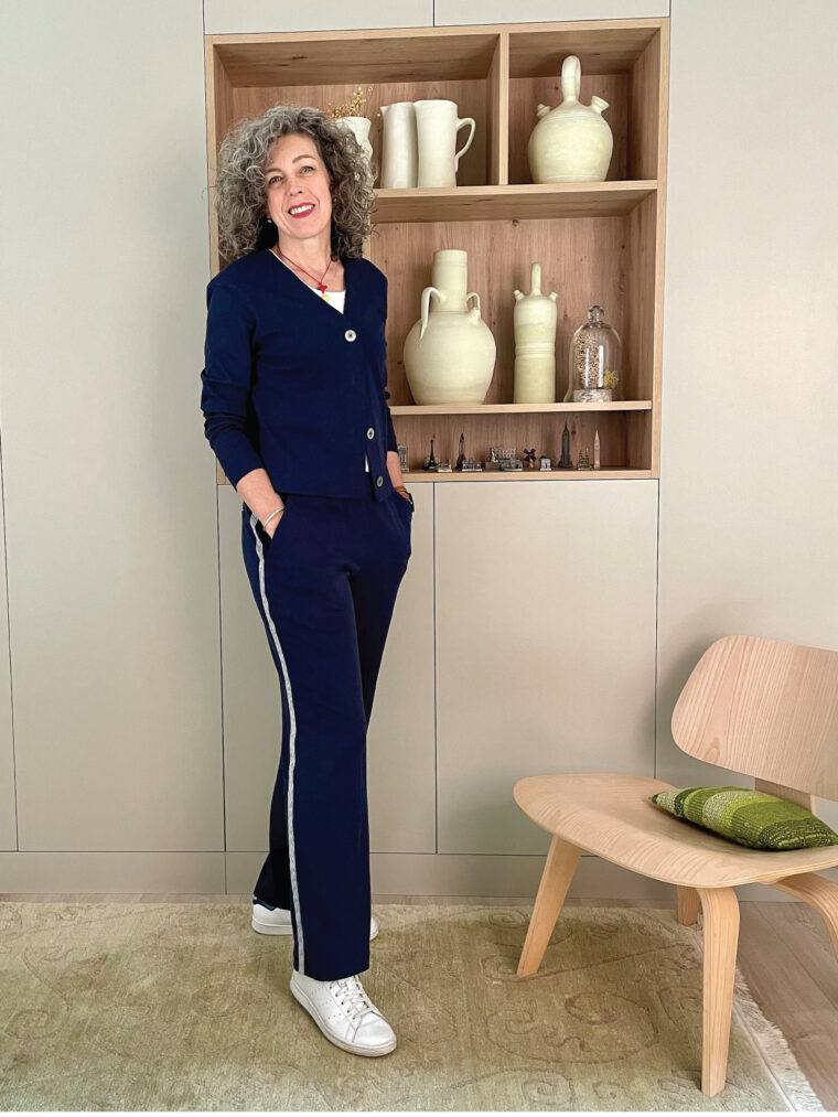 Liesl's coordinating Melville Cardigan and Montauk Trousers in a knit fabric