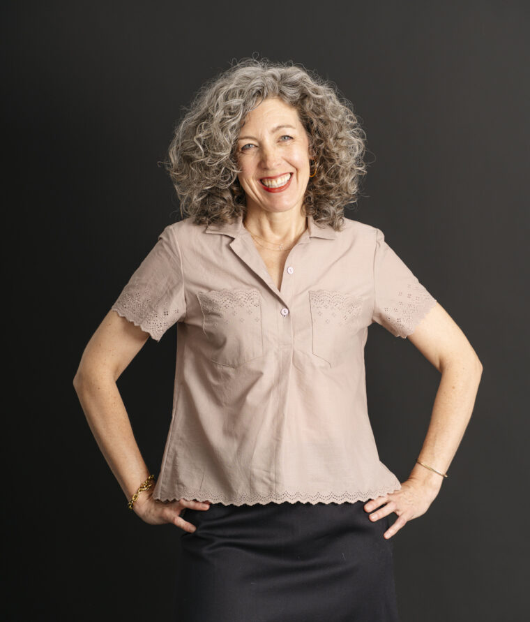 The Havana Pajamas top sewn as a blouse with eyelet fabric