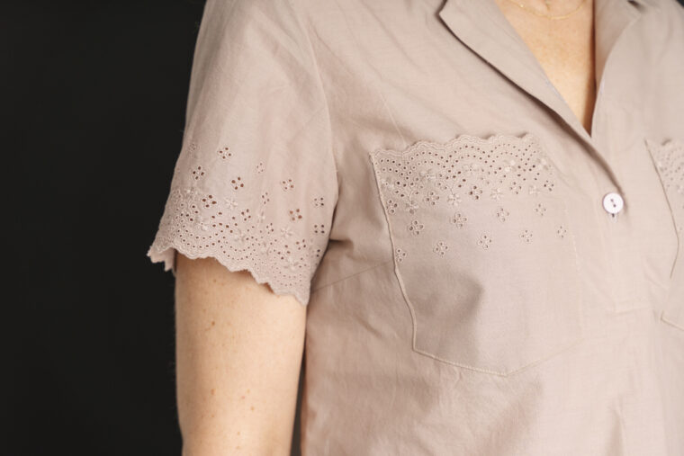 The Havana Pajamas top sewn as a blouse with eyelet fabric
