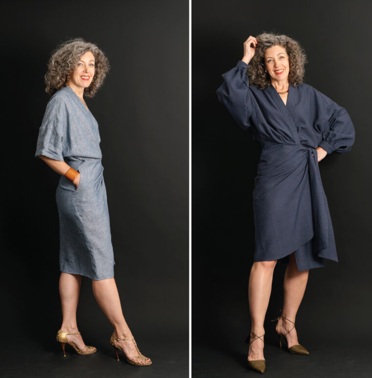 Liesl + Co Copenhagen Wrap Dresses in chambray linen and tropical wool