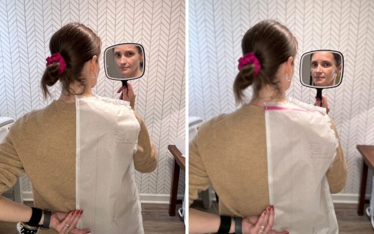 This image has a side by side comparison of a woman wearing a tan sweater turned away from the camera but looking at it in a hand held mirror. On the left, the tissue the woman is wearing is unaltered. On the right, an alteration is made with pink tissue paper.