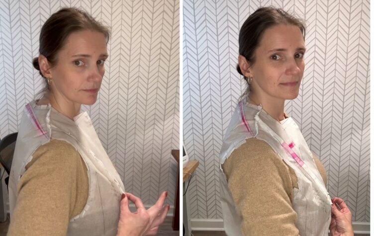 This image has a side by side comparison of a woman wearing a tan sweater standing at 90 degrees to the camera. In the image on the left, the woman indicates the placement of the apex on the pattern. On the image on the right the woman is show that the apex is now in the correct position.