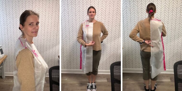 This image has three images of a woman wearing a tan sweater. In each image she is showing off the final pattern adjustments. On the left, is the side view. In the middle is the front view. On the right is the back view.