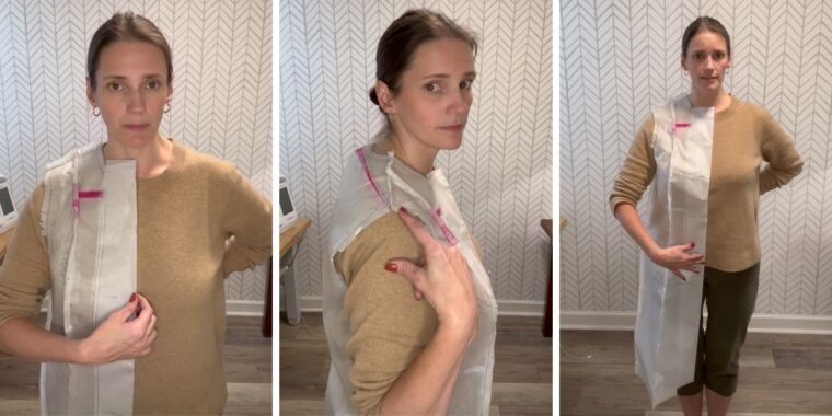 This image has three images of a woman wearing a tan sweater. in the first image she is looking at the camera and demonstrating that she does need a full bust adjustment. In the middle image she is standing at 90 degrees to the camera and pointing tyo her shoulder. In the right image she is standing further away from the camera and showing that she needs more room on the hips.