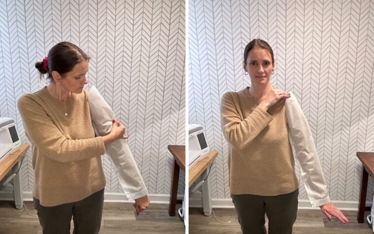 This image has a side by side comparison of a woman wearing a tan sweater and standing with a tissue sleeve on her left arm. In the left image she is pinching the ease on the tissue at her bicep. On the right, she is flexing her hand to show that the sleeve is the appropriate length.