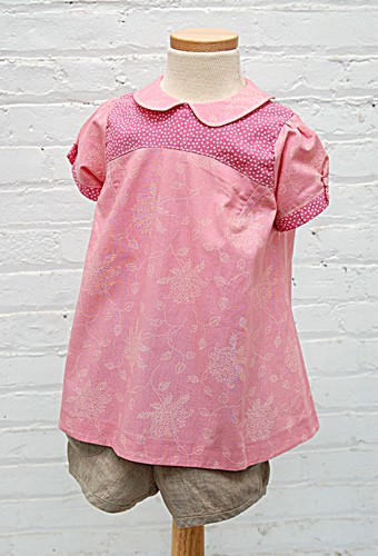 A photo of a finished Puppet Show Tunic, Dress, and Shorts.